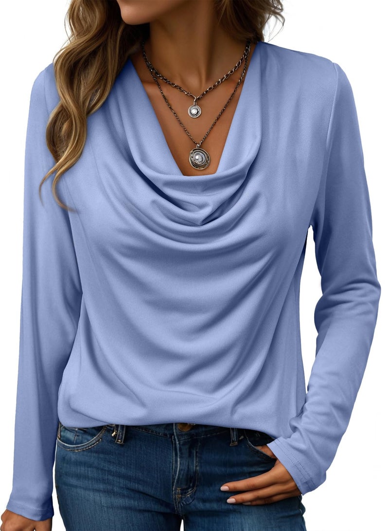 EVALESS Elegant Tops for Women Long Sleeve Cowl Neck Shirts Spring Comfortable Wrap Outfits for Women Sky Blue Going Out Formal Blouses Tops Fashion Draped Outfits Halloween Christmas 2026, Medium - Image 1