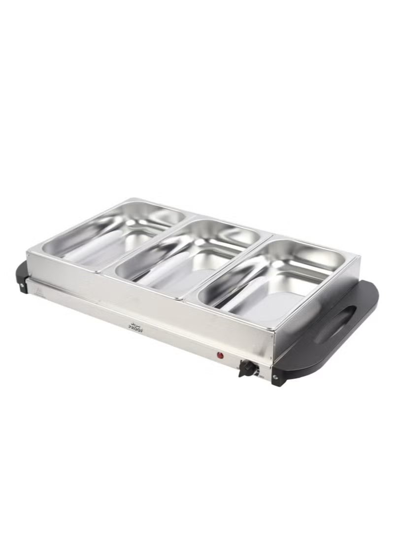 برووف سخان طعام كهربائي 450 واط من الستانلس ستيل – 3×2.5 لتر لكل خانة مع تحكم حراري – مثالي للبوفيهات، الحفلات، المطاعم، وتقديم الأطعمة الفاخرة. - Image 1