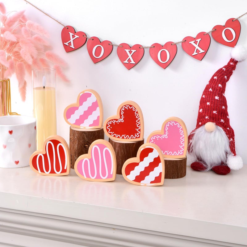 IDATOO Valentine's Day Wooden Heart Decor, Valentines Table Decorations, 6pcs Dessert Candy Heart Decorations, Valentine's Day Decoration for Home Office for Tiered Tray Table Shelf Desk (red pink) - Image 5