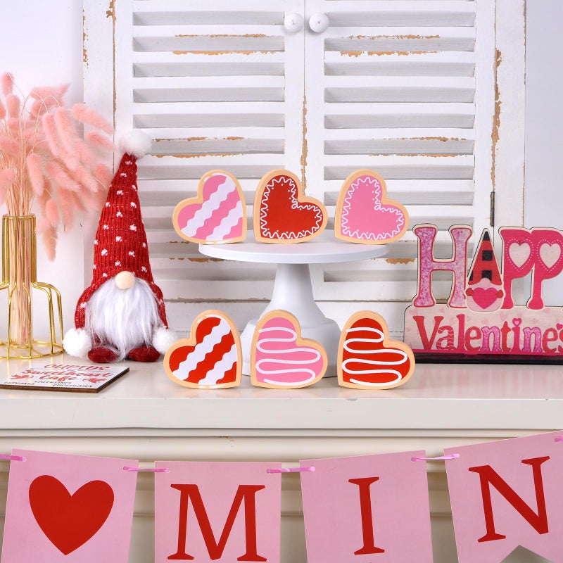 IDATOO Valentine's Day Wooden Heart Decor, Valentines Table Decorations, 6pcs Dessert Candy Heart Decorations, Valentine's Day Decoration for Home Office for Tiered Tray Table Shelf Desk (red pink) - Image 2