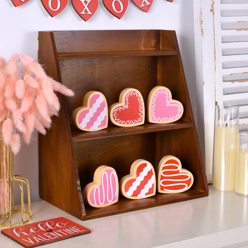 IDATOO Valentine's Day Wooden Heart Decor, Valentines Table Decorations, 6pcs Dessert Candy Heart Decorations, Valentine's Day Decoration for Home Office for Tiered Tray Table Shelf Desk (red pink) - Image 4
