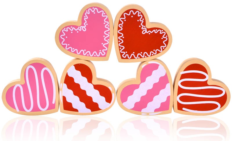 IDATOO Valentine's Day Wooden Heart Decor, Valentines Table Decorations, 6pcs Dessert Candy Heart Decorations, Valentine's Day Decoration for Home Office for Tiered Tray Table Shelf Desk (red pink) - Image 1