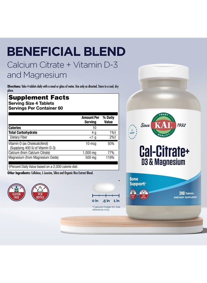 KAL Cal-Citrate+, Calcium Citrate Plus Vitamin D-3 and 500 mg of Magnesium, Healthy Bones and Teeth Support, Gluten Free and Lab Verified for Quality, 60 Servings, 240 Tablets - Image 2
