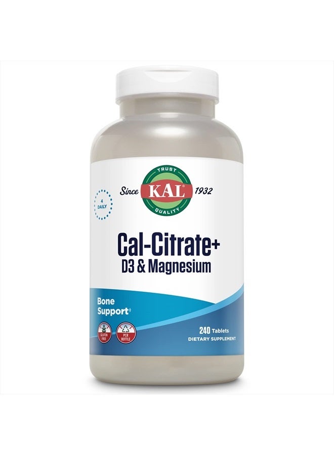 KAL Cal-Citrate+, Calcium Citrate Plus Vitamin D-3 and 500 mg of Magnesium, Healthy Bones and Teeth Support, Gluten Free and Lab Verified for Quality, 60 Servings, 240 Tablets - Image 1