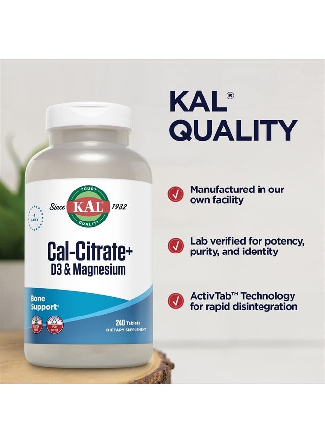 KAL Cal-Citrate+, Calcium Citrate Plus Vitamin D-3 and 500 mg of Magnesium, Healthy Bones and Teeth Support, Gluten Free and Lab Verified for Quality, 60 Servings, 240 Tablets - Image 4