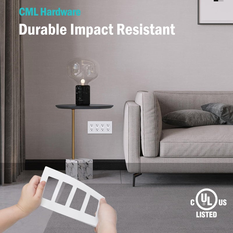 CML Hardware CML Decorator Screwless Wall Plate, 4-Gang Light Switch Covers, Decor Outlet Cover Plate, Standard Size 4.68â€X 8.34â€, Impact Resistant, White - Image 3