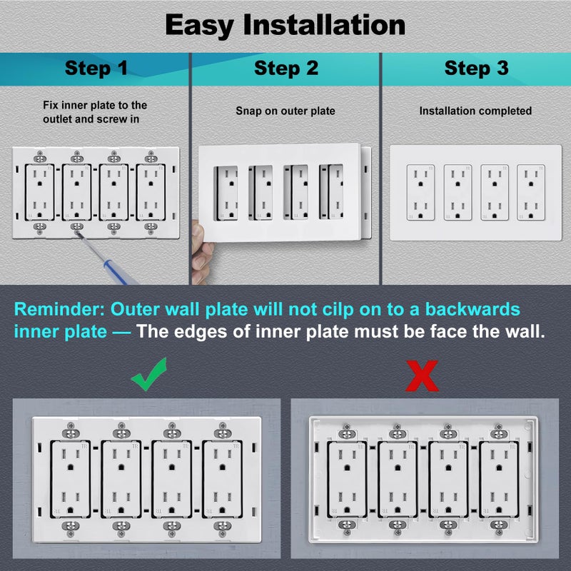 CML Hardware CML Decorator Screwless Wall Plate, 4-Gang Light Switch Covers, Decor Outlet Cover Plate, Standard Size 4.68â€X 8.34â€, Impact Resistant, White - Image 5