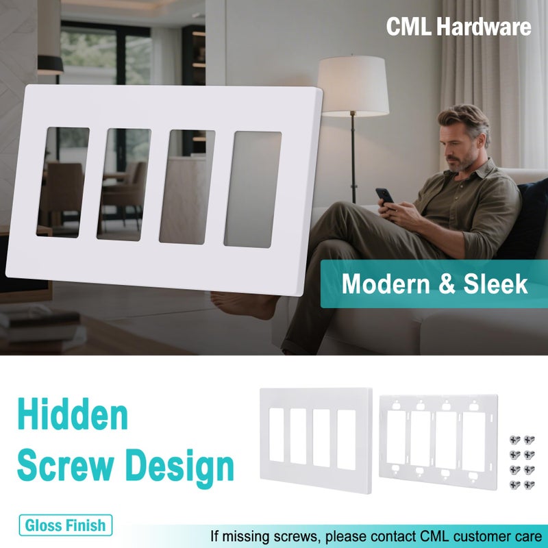 CML Hardware CML Decorator Screwless Wall Plate, 4-Gang Light Switch Covers, Decor Outlet Cover Plate, Standard Size 4.68â€X 8.34â€, Impact Resistant, White - Image 2