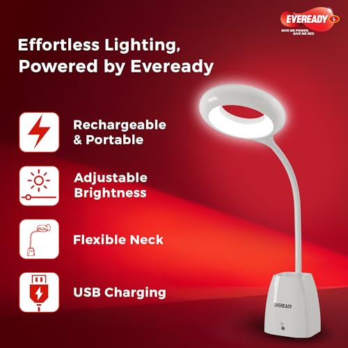Eveready Polycarbonate 3-in-1 Table Lamp with Flexible Gooseneck, 3-Step Touch Dimming, USB Charging, Pen Holder & Phone Stand - Portable LED Light for Home, Office & Study - Image 4