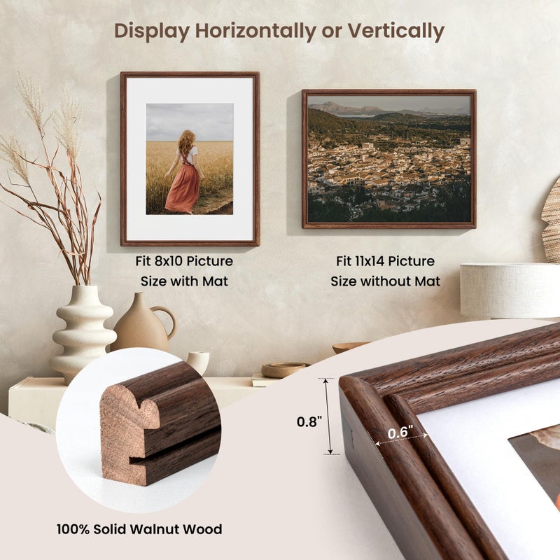 RICHFOCUS 11X14 Picture Frame, Natural Solid Walnut Wood Picture Frame with High Tempered Glass, Handcrafted Rounded Corner 11 by 14 Wooden Frame Matted to 8x10 Photo for Horizontal or Vertical Wall Mounting - Image 4