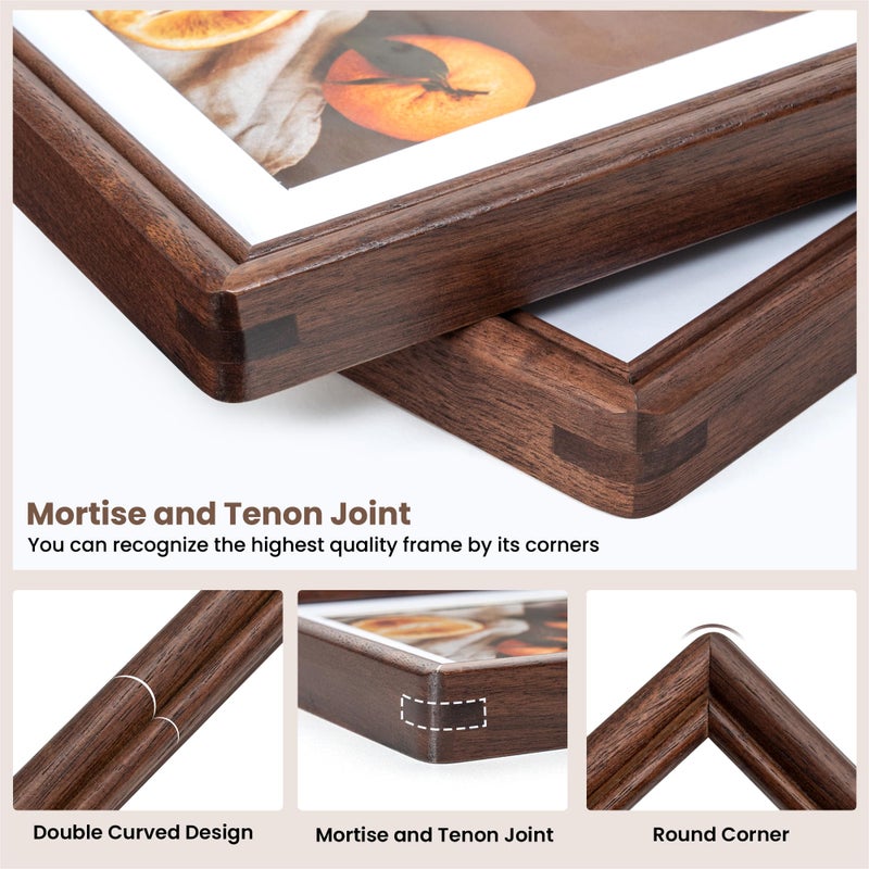 RICHFOCUS 11X14 Picture Frame, Natural Solid Walnut Wood Picture Frame with High Tempered Glass, Handcrafted Rounded Corner 11 by 14 Wooden Frame Matted to 8x10 Photo for Horizontal or Vertical Wall Mounting - Image 2