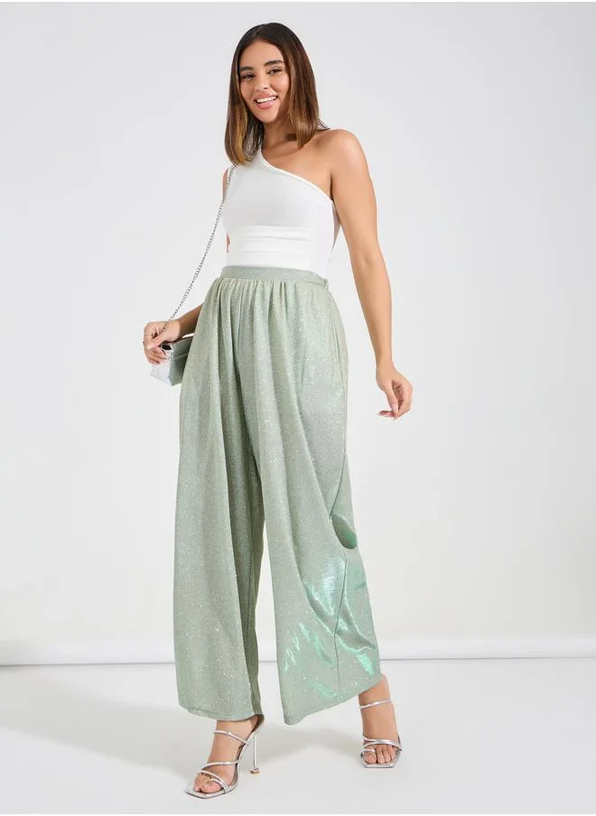 لوكس ويف Glitter Look Wide Leg Pants with Elastic Waistband by Styli