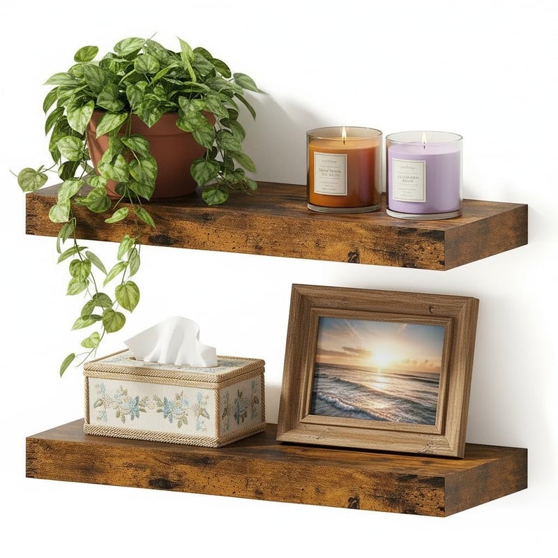 Vivelove Bathroom Long Floating Shelves for Wall,Extra Deeper & Thicker Wall Mounted Storage Shelf for Living Room, Kitchen, Farmhouse,Wall Shelves with Invisible Brackets,Set of 2, Rustic Brown - Image 1
