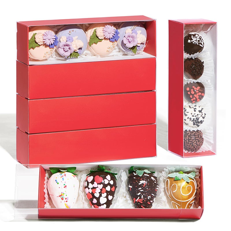 TEMLQPACK Bakery Packaging Supplies: 12Pack Red Chocolate Covered Strawberry Box for 4, Macaron Boxes, Long Treat Box for Truffles, Cookies, Ores, Chocolate Cocoa Bombs & Cake Ball - Image 1