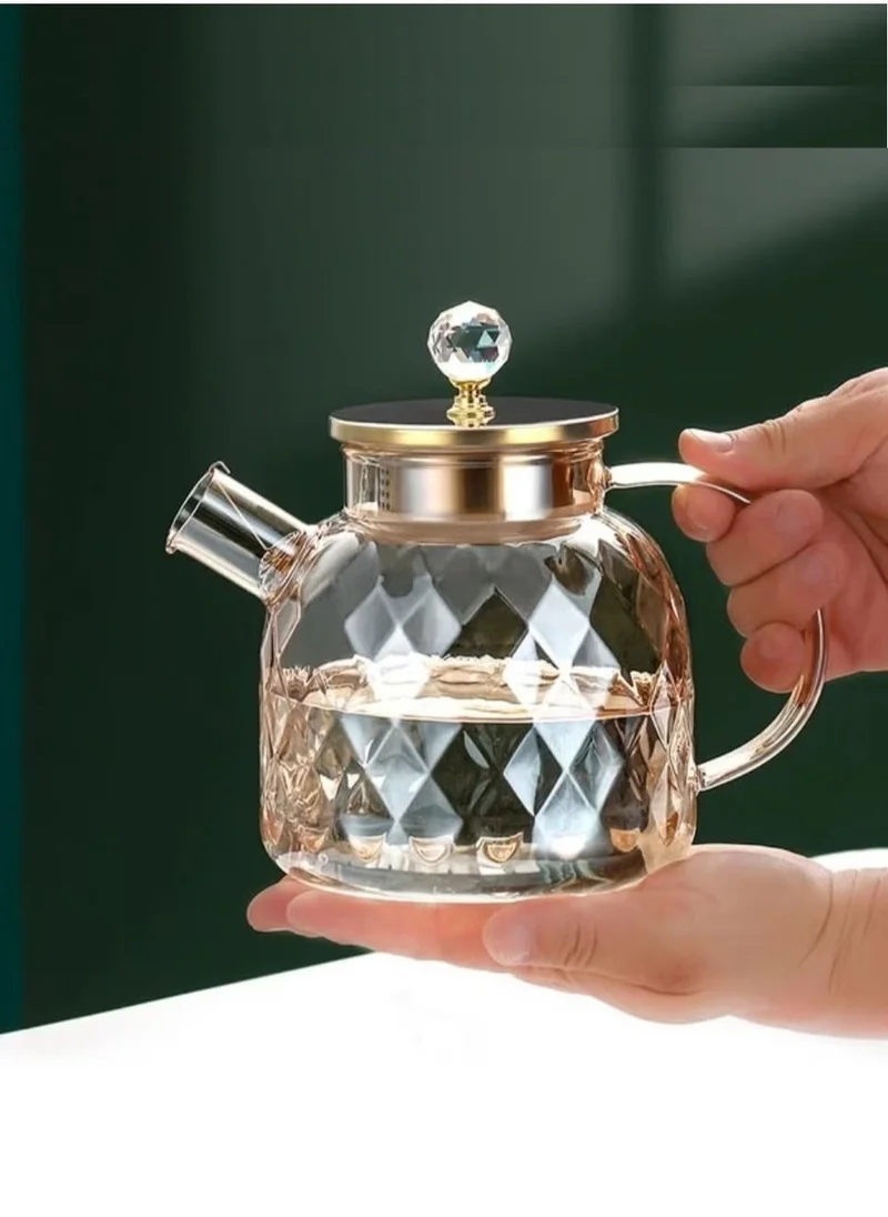 1Chase Heat Resistant Borosilicate Diamond Pattern Glass Teapot With Stainless Steel Strainer Lid And Infuser, 1200 ML