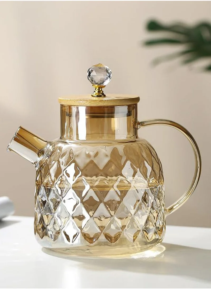 1Chase Heat Resistant Borosilicate Diamond Pattern Glass Teapot With Stainless Steel Strainer Lid And Infuser, 1200 ML