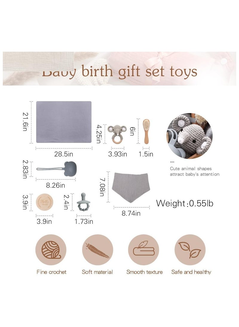 Beauenty - New Born Baby Gift Baskets Baby Boy Shower Gifts Set,Newborn Essentials Stuffers Baby Bath Set with Muslin Blanket, Drool Towel, Wood Brush & Rattle,Welcome Baby Gift Basket Loveys Box for Babies,Moms - Image 1
