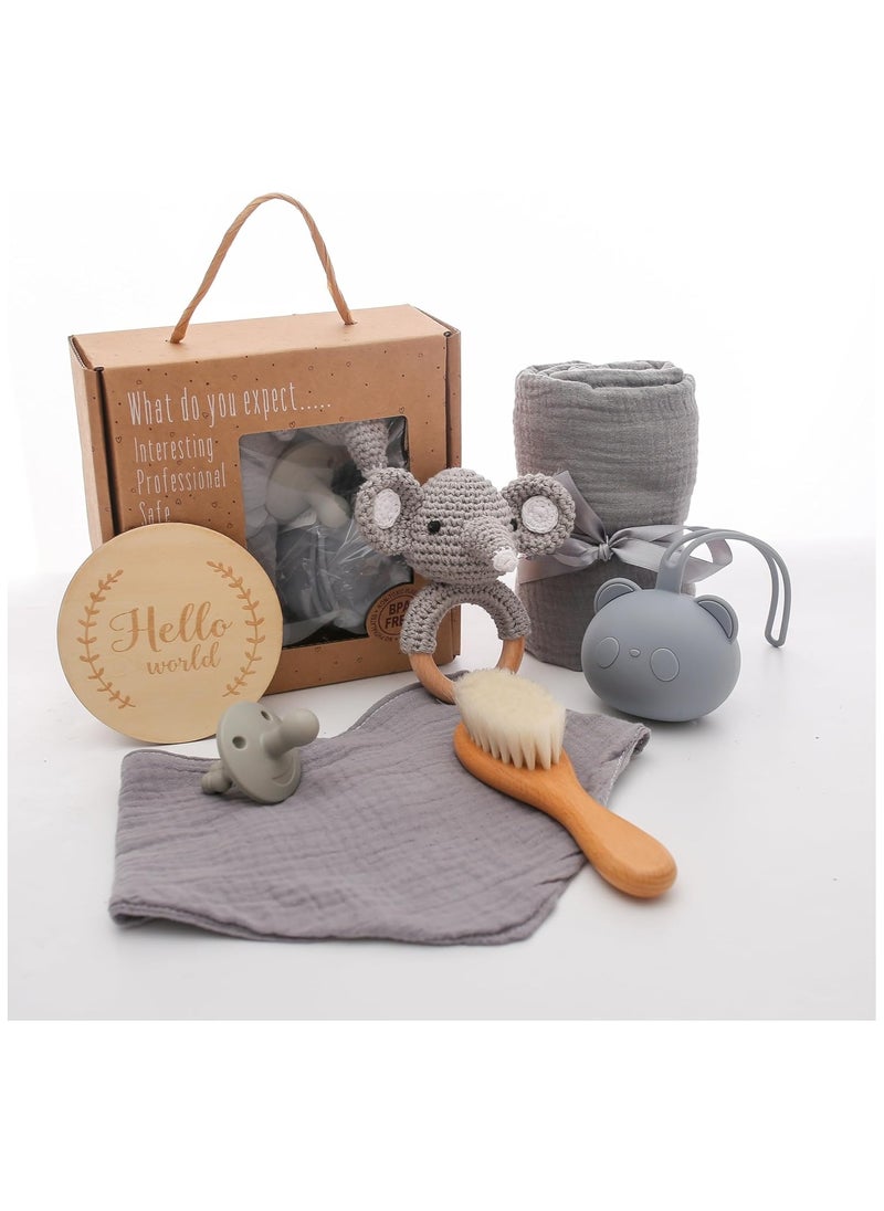 Beauenty - New Born Baby Gift Baskets Baby Boy Shower Gifts Set,Newborn Essentials Stuffers Baby Bath Set with Muslin Blanket, Drool Towel, Wood Brush & Rattle,Welcome Baby Gift Basket Loveys Box for Babies,Moms - Image 1