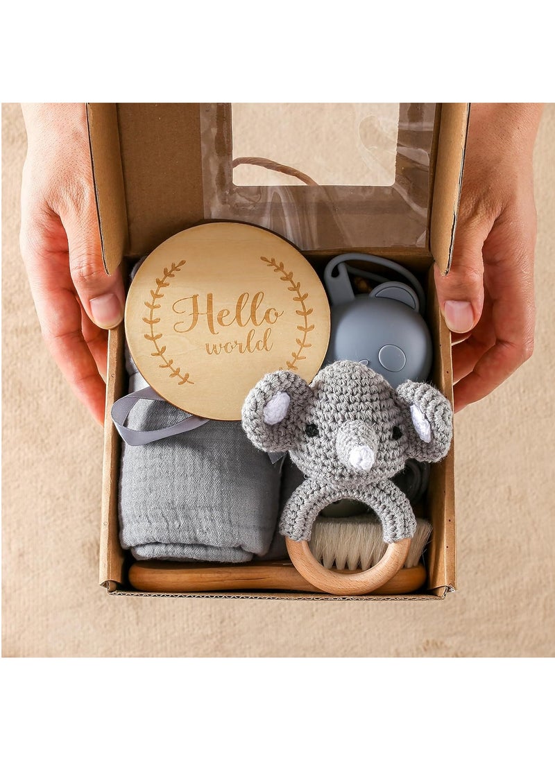 Beauenty - New Born Baby Gift Baskets Baby Boy Shower Gifts Set,Newborn Essentials Stuffers Baby Bath Set with Muslin Blanket, Drool Towel, Wood Brush & Rattle,Welcome Baby Gift Basket Loveys Box for Babies,Moms - Image 1