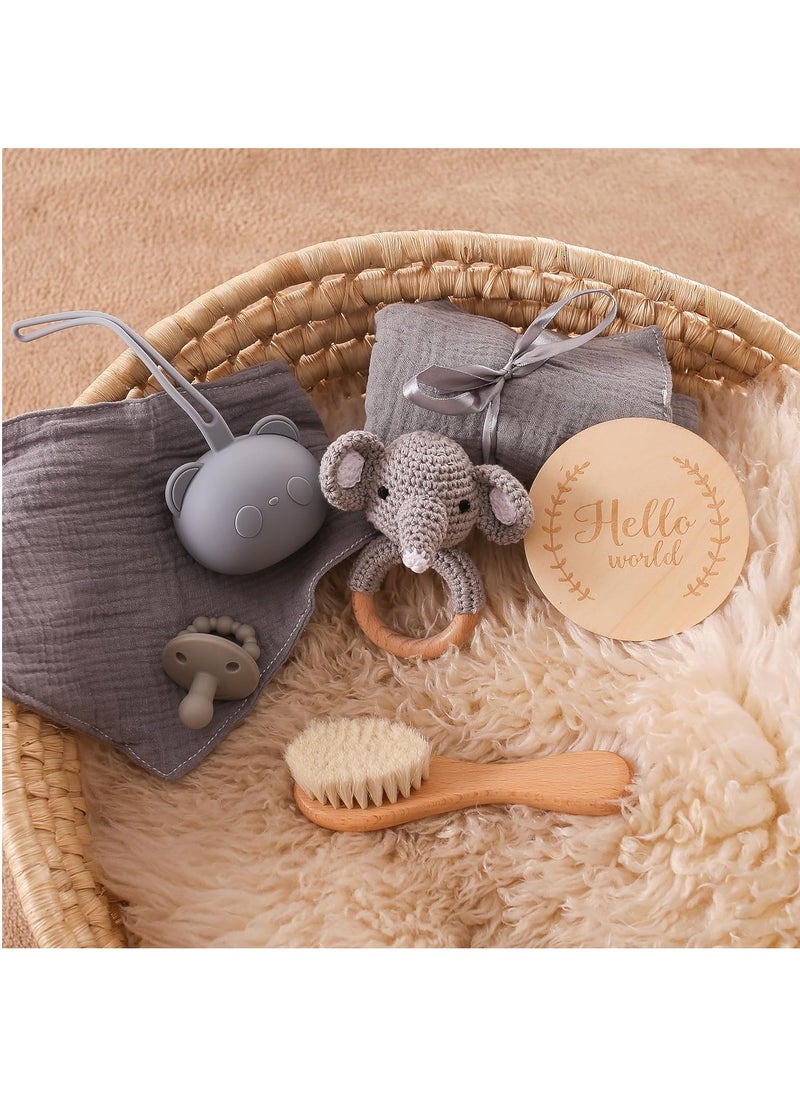 Beauenty - New Born Baby Gift Baskets Baby Boy Shower Gifts Set,Newborn Essentials Stuffers Baby Bath Set with Muslin Blanket, Drool Towel, Wood Brush & Rattle,Welcome Baby Gift Basket Loveys Box for Babies,Moms - Image 1