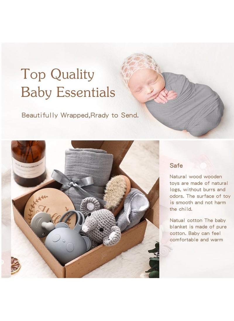 Beauenty - New Born Baby Gift Baskets Baby Boy Shower Gifts Set,Newborn Essentials Stuffers Baby Bath Set with Muslin Blanket, Drool Towel, Wood Brush & Rattle,Welcome Baby Gift Basket Loveys Box for Babies,Moms - Image 1