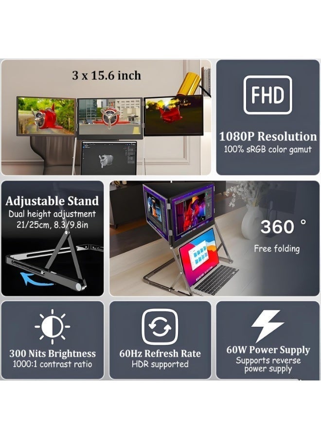 موسع شاشة للابتوب بثلاث شاشات، 3 × 15.6 بوصة FHD 1080P IPS محمولة، إعداد عرض رباعي، USB-C و HDMI، متوافق مع أجهزة اللابتوب من 11 إلى 18 بوصة - Image 3