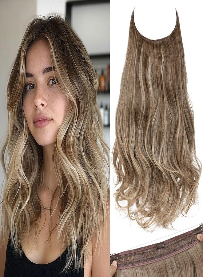 سارلا وصلات شعر سارلا غير المرئية بثلاثة مشابك، شعر صناعي طويل مموج ومجعد للنساء، طوق رأس شفاف قابل للتعديل، طول 18 بوصة، لون رملي داكن - Image 1