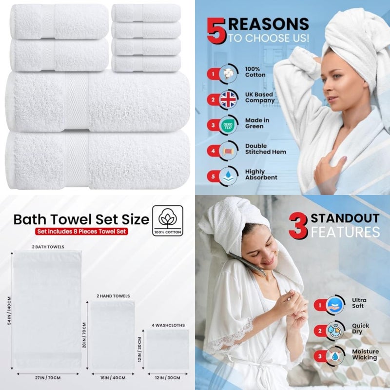 Premium Bath Towels Set - [Pack of 8] 100% Cotton Highly Absorbent 2 Bath Towels, 2 Hand Towels and 4 Washcloths - Hotel and Spa Quality Bath Towels for Bathroom (2 Bath Towels, 2 Hand Towels, 4 Washcloths) ‚ Soft and Absorbent Towels for Bathroom - Gym, Shower, Spa and Hotel Use - Image 1