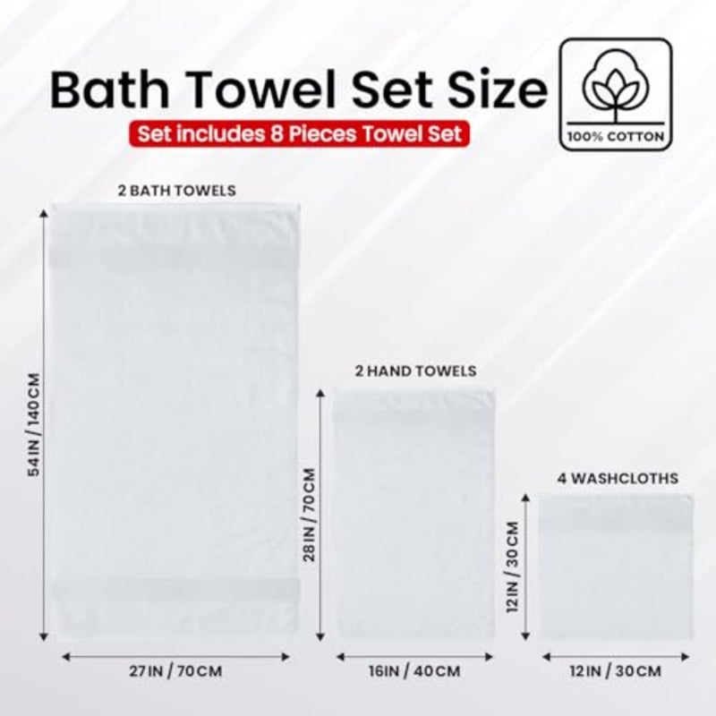 Premium Bath Towels Set - [Pack of 8] 100% Cotton Highly Absorbent 2 Bath Towels, 2 Hand Towels and 4 Washcloths - Hotel and Spa Quality Bath Towels for Bathroom (2 Bath Towels, 2 Hand Towels, 4 Washcloths) ‚ Soft and Absorbent Towels for Bathroom - Gym, Shower, Spa and Hotel Use - Image 4