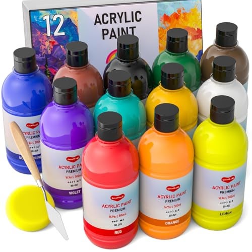 Smallbudi 12 Colors Large Acrylic Paint Set (16.9 oz,500 ml), Bulk Acrylic Paint Non-Toxic Art Painting Supplies on Multi Surface Pumpkin Canvas Wood Craft Fabric Rock for Artist Kids with Color Wheel - Image 1