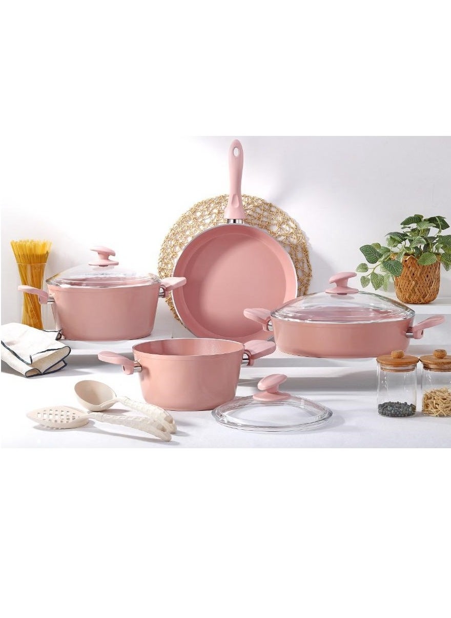 9-Piece Hella Cookware Set - Tempered Glass Lids - 2 Deep Pots - 1 Low Pot - 1 Frypan - 1 Scoop - 1 Spatula - Non-Stick Ceramic Surface - PFOA Free - Pink 