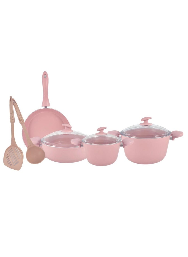Homemaker 9-Piece Hella Cookware Set - Tempered Glass Lids - 2 Deep Pots - 1 Low Pot - 1 Frypan - 1 Scoop - 1 Spatula - Non-Stick Ceramic Surface - PFOA Free - Pink - Image 2