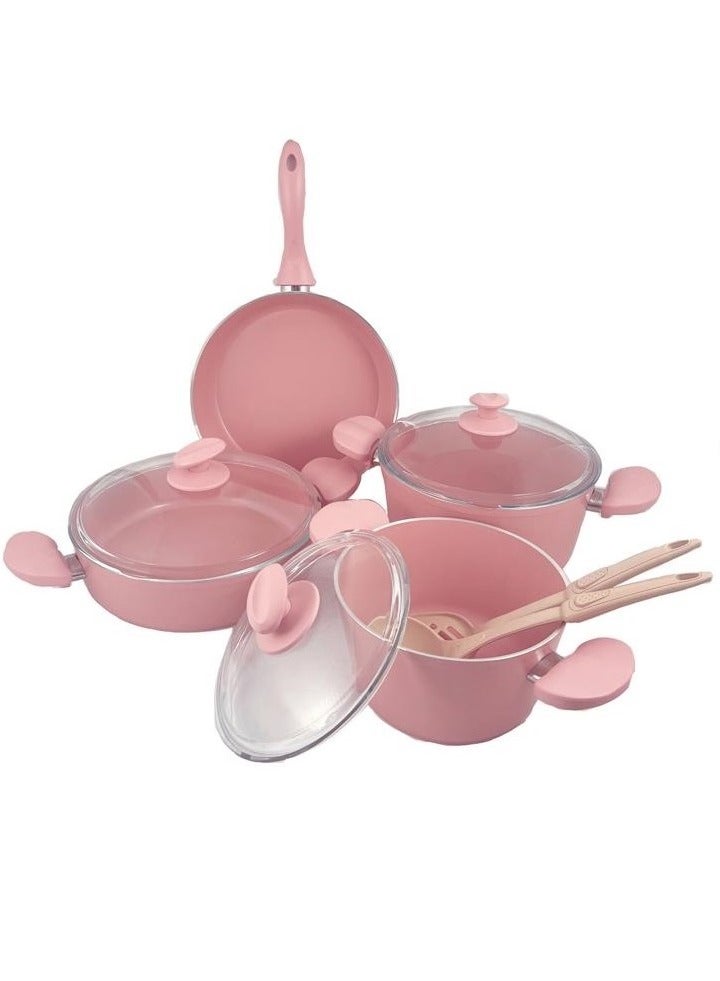 Homemaker 9-Piece Hella Cookware Set - Tempered Glass Lids - 2 Deep Pots - 1 Low Pot - 1 Frypan - 1 Scoop - 1 Spatula - Non-Stick Ceramic Surface - PFOA Free - Pink - Image 3
