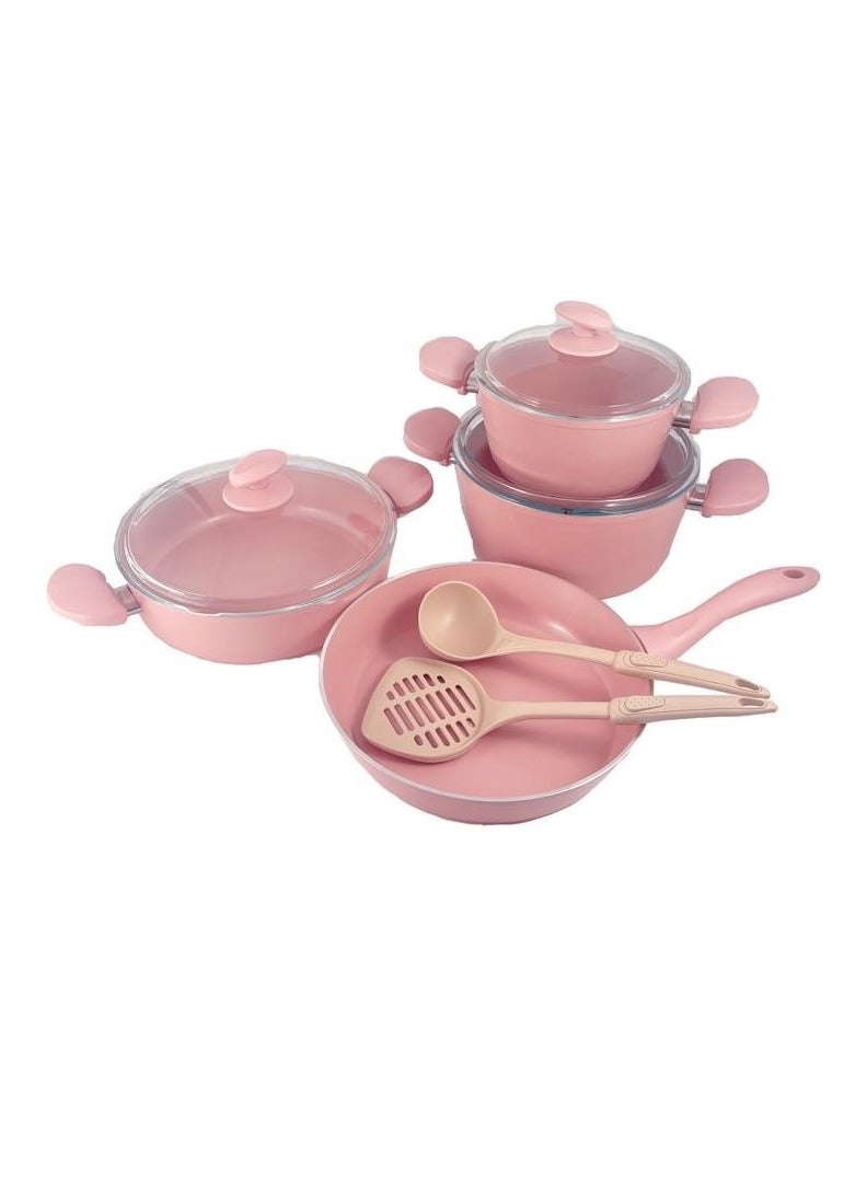 Homemaker 9-Piece Hella Cookware Set - Tempered Glass Lids - 2 Deep Pots - 1 Low Pot - 1 Frypan - 1 Scoop - 1 Spatula - Non-Stick Ceramic Surface - PFOA Free - Pink - Image 4