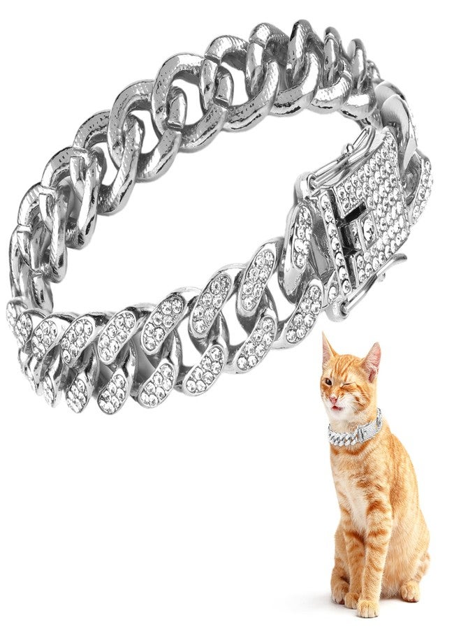Amabro Diamond Cat Chain Collar, Metal Cuban Link Dog Collar with Secure Buckle Cat Pet Necklace Chain Pet Collar Jewelry Accessories for Small Medium Dogs Cats Puppy Kittens (Silver, 10 inch) - Image 1