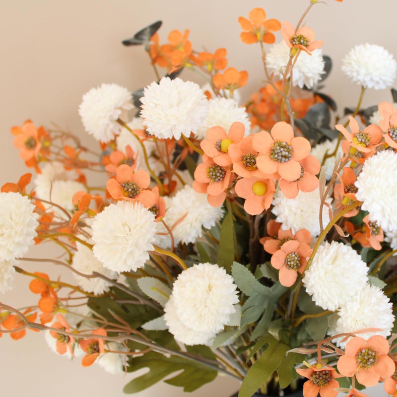 RyddeligHome Artificial White Kiku & Orange Wax Flowers, 22 Long Stems Bulk Silk Flowers for Vases, Spring Floral Stems Arrangements for Home Decor, Centerpieces for Tables, Rustic Decorations - Image 2