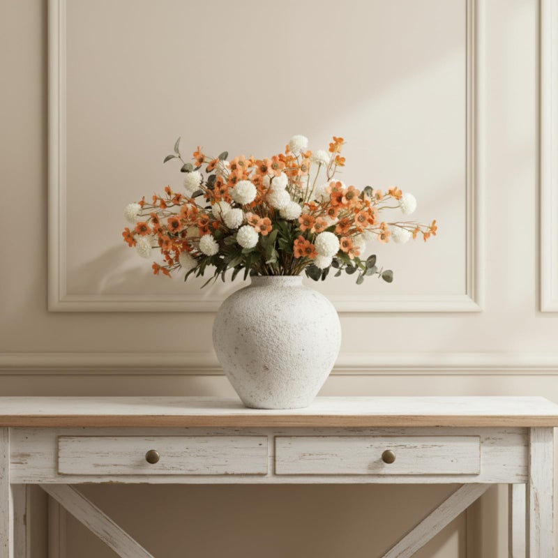 RyddeligHome Artificial White Kiku & Orange Wax Flowers, 22 Long Stems Bulk Silk Flowers for Vases, Spring Floral Stems Arrangements for Home Decor, Centerpieces for Tables, Rustic Decorations - Image 5