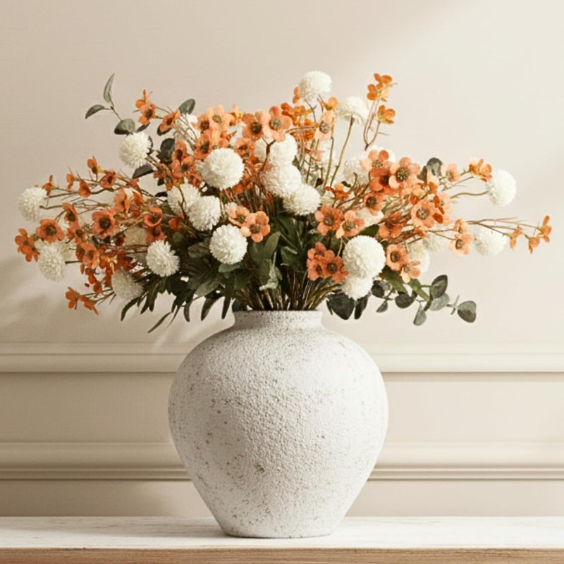 RyddeligHome Artificial White Kiku & Orange Wax Flowers, 22 Long Stems Bulk Silk Flowers for Vases, Spring Floral Stems Arrangements for Home Decor, Centerpieces for Tables, Rustic Decorations - Image 1