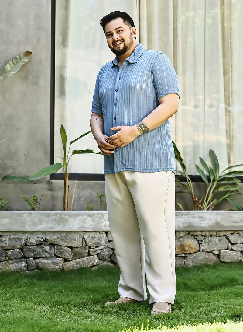 Instafab Plus  Instafab Plus Men's Cornflower Blue Ridge Knit Shirt For Casual Wear | Spread Collar | Short Regular Sleeves | Button Closure | Plus Size Shirt Crafted With Comfort Fit For Everyday Wear for Men | Best Price UAE