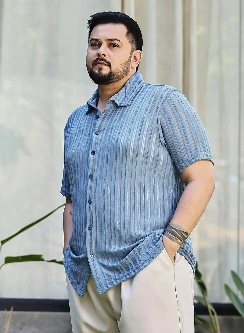 Instafab Plus  Instafab Plus Men's Cornflower Blue Ridge Knit Shirt For Casual Wear | Spread Collar | Short Regular Sleeves | Button Closure | Plus Size Shirt Crafted With Comfort Fit For Everyday Wear for Men | Best Price UAE