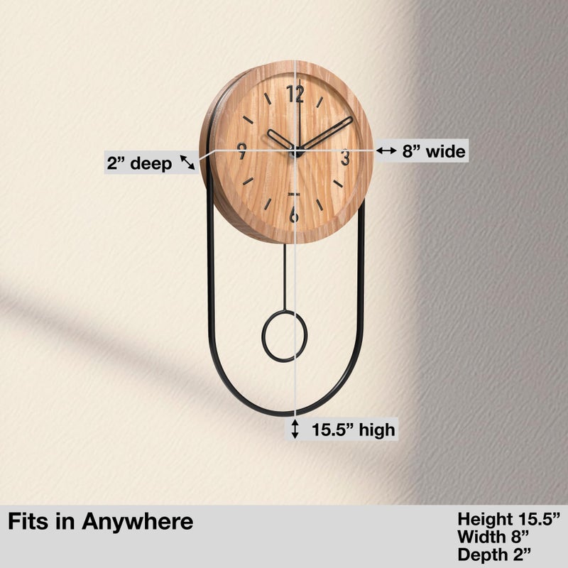 Driini Decorative Wall Clock with Pendulum (Oak) â€“ Modern Wood, 3D Gold Numbers, Metal Frame â€“ Small, Unique Wall Clocks for Living Room Decor or Bathroom - Battery Operated, Silent, Non-Ticking - Image 4