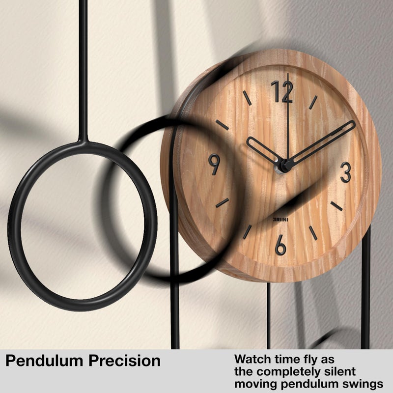 Driini Decorative Wall Clock with Pendulum (Oak) â€“ Modern Wood, 3D Gold Numbers, Metal Frame â€“ Small, Unique Wall Clocks for Living Room Decor or Bathroom - Battery Operated, Silent, Non-Ticking - Image 2
