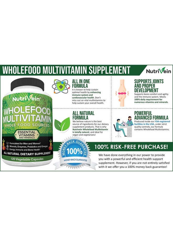 Nutrivein فيتامينات متعددة كاملة من الأطعمة الكاملة للرجال والنساء من الأطعمة الطبيعية الخضروات والفواكه الحقيقية الخام فيتامين E A B مركب 30 يومًا (120 كبسولة أربعة يوميًا) - Image 3