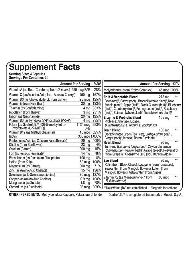 Nutrivein فيتامينات متعددة كاملة من الأطعمة الكاملة للرجال والنساء من الأطعمة الطبيعية الخضروات والفواكه الحقيقية الخام فيتامين E A B مركب 30 يومًا (120 كبسولة أربعة يوميًا) - Image 4
