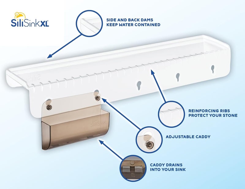 SiliProducts SiliSink XL Silicone Edge Guard for Kitchen Sink - Fits 3.75” - 4” Wide - The Original Silicone Sink Edge Protector with Sponge Caddy - Splash Guard, 20” Clear Diamond - Image 4