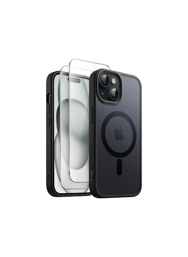 جي تيك حافظة JETech مغناطيسية 3 في 1 لهاتف iPhone 15 مقاس 6.1 بوصة مع عبوتين من واقيات الشاشة من الزجاج المقوى، متوافقة مع MagSafe، غطاء هاتف خلفي شفاف غير لامع مقاوم للصدمات (أسود)