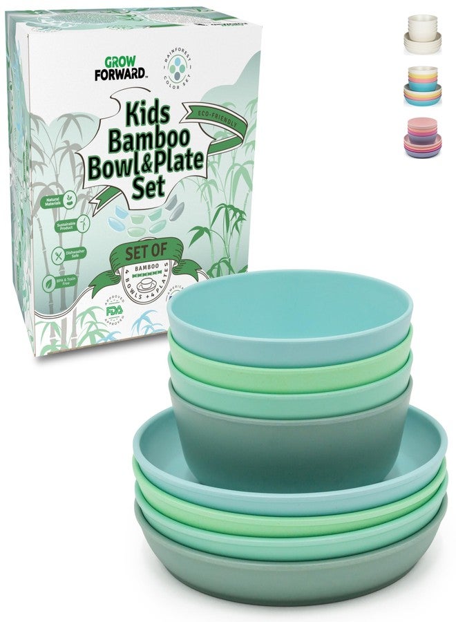 Grow Forward Bamboo Kids Plates and Bowls Sets - 8-Piece Dishwasher Safe Non Toxic Plates for Kids - Reusable Eco Friendly BPA Free Dishes Dinnerware Sets for Children - Rainforest - Image 1