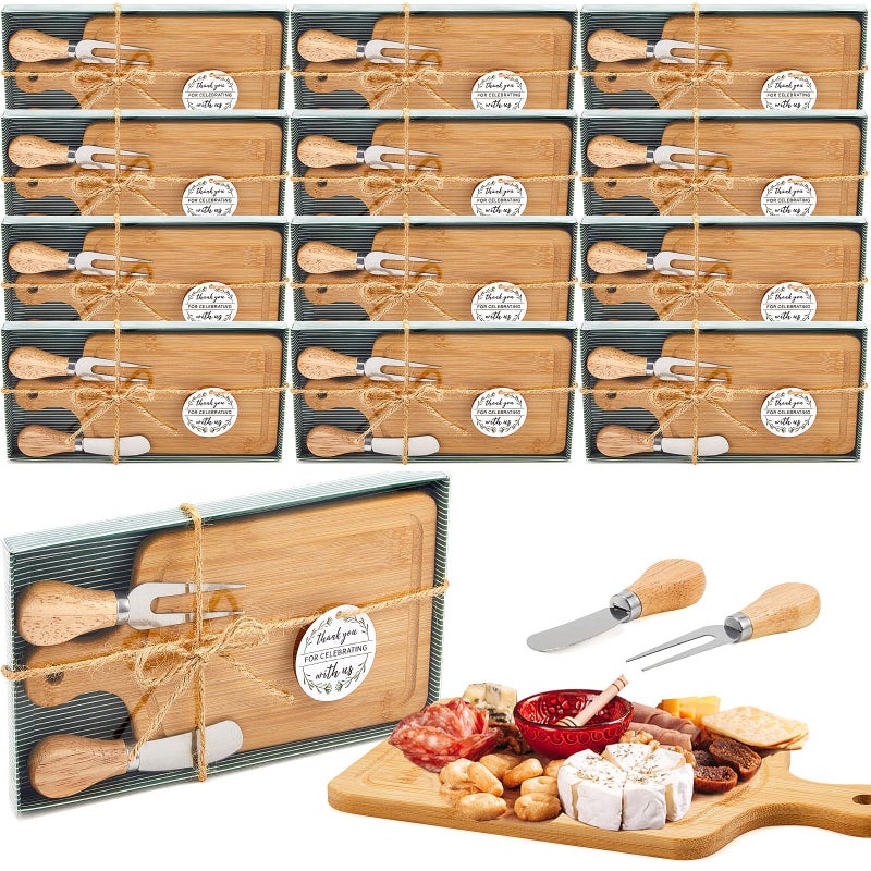 Ziliny 12 Set Bridal Baby Shower Cheese Prizes Wooden Square Board Gift Set Knives Forks Thank You Tags with Box for Guests for Valentines Bridal Baby Shower Housewarming Gifts Bamboo Color