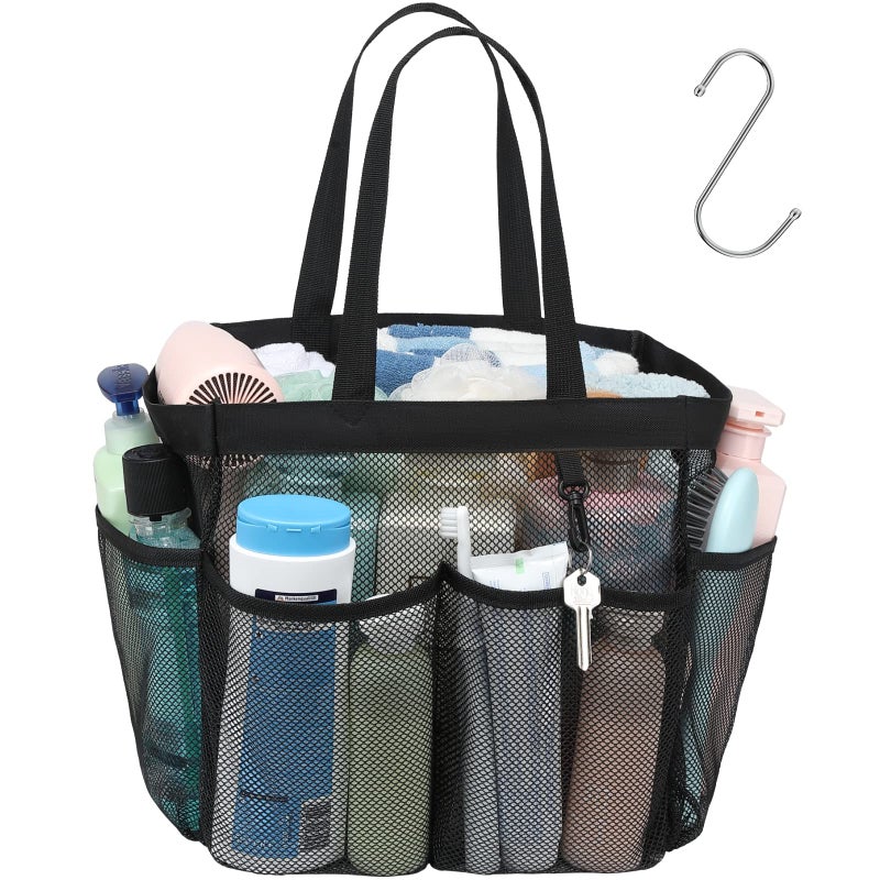 Fcolor Mesh Shower Caddy Portable 83 Deeper Pockets Large Shower Caddy Bathroom Caddy for College Dorm Room Bathroom Essentials 2 Handles Shower Bag Tote for Gym Rv Camp with S Hook Black