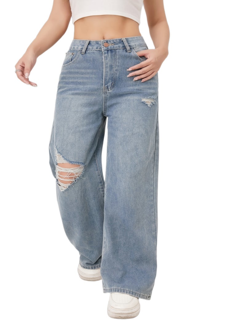 1pc ' High-Waisted Wide-Leg Non-Stretch Pants - Full-Length Loose Fit Washed Casual Cowgirl Jeans Suitable for All-Season Wear, Machine Washable & Everyday Outfits - Image 1